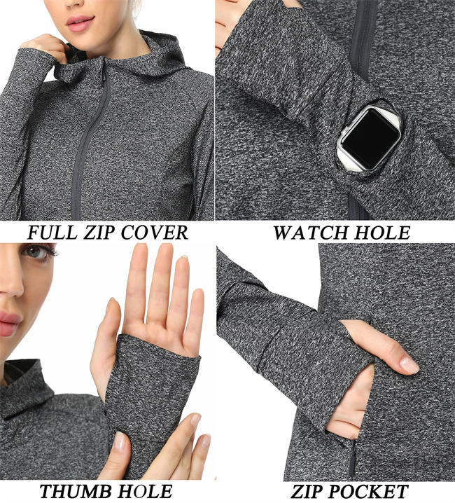 Women Full Zip Hoodie Sportswear Athletic Running Track Jacket with Zip Pocket & Watch Thumb Hole